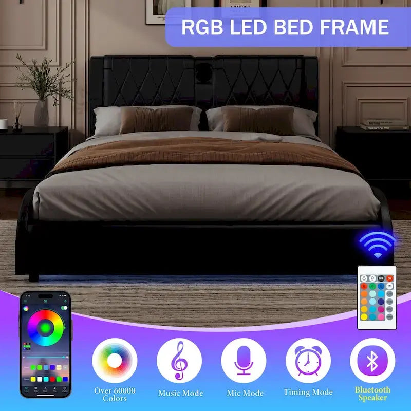 Cadre de lit King LED avec haut-parleurs Bluetooth et revêtement en cuir
