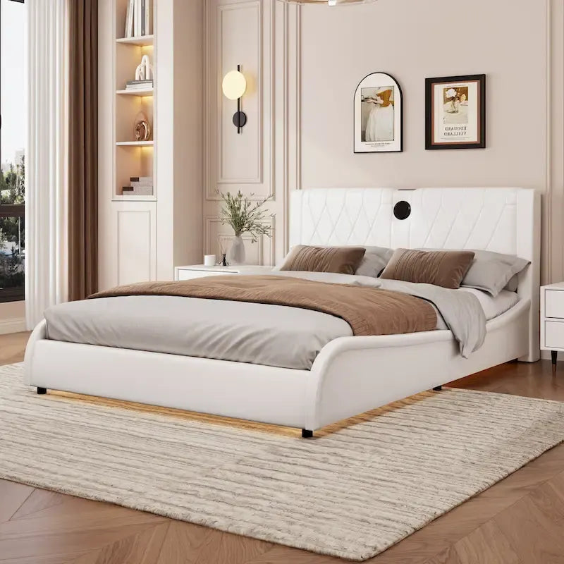 Cadre de lit King LED avec haut-parleurs Bluetooth et revêtement en cuir