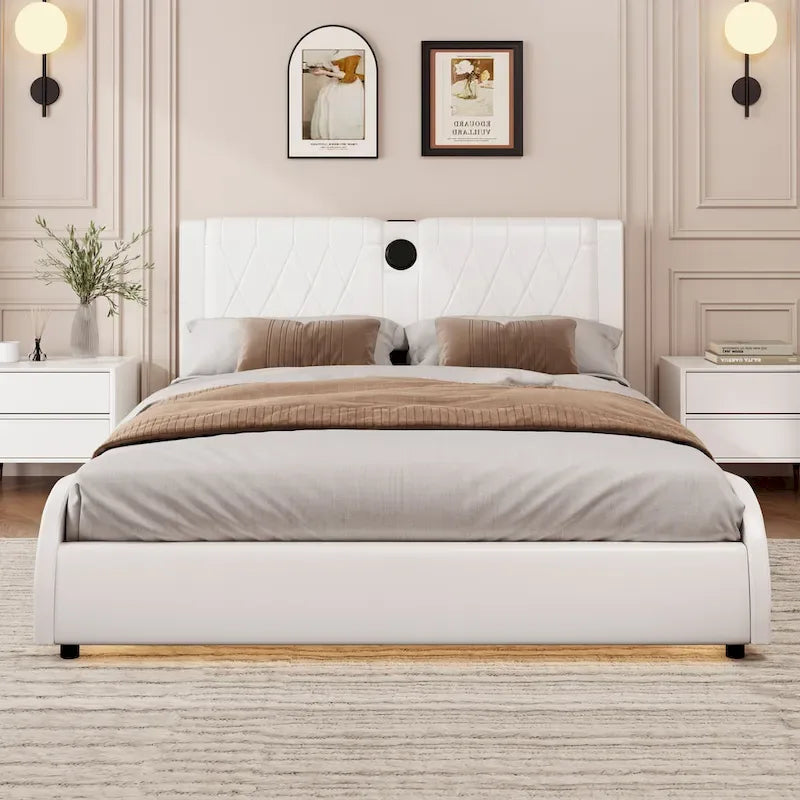Cadre de lit King LED avec haut-parleurs Bluetooth et revêtement en cuir
