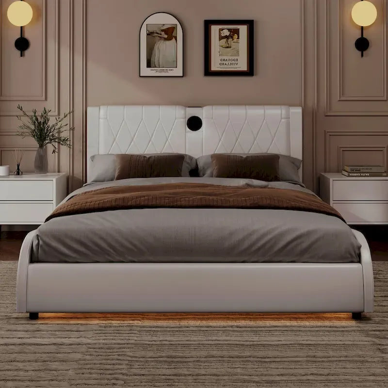 Cadre de lit King LED avec haut-parleurs Bluetooth et revêtement en cuir
