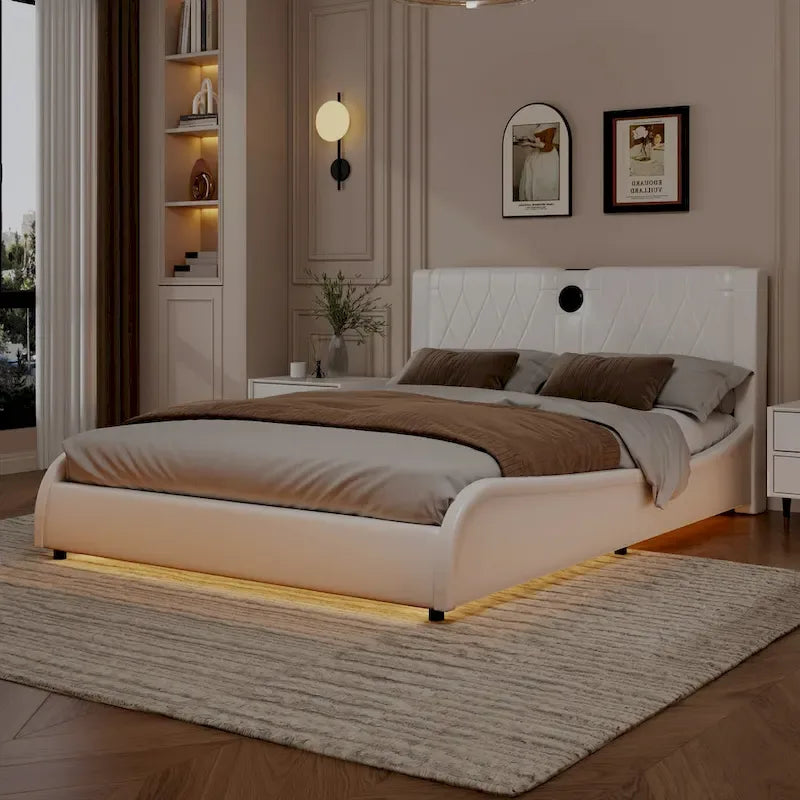 Cadre de lit King LED avec haut-parleurs Bluetooth et revêtement en cuir