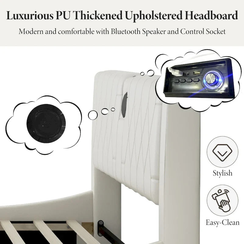 Cadre de lit King LED avec haut-parleurs Bluetooth et revêtement en cuir