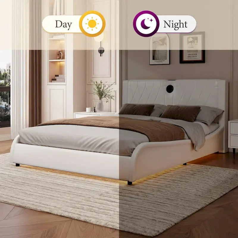 Cadre de lit King LED avec haut-parleurs Bluetooth et revêtement en cuir