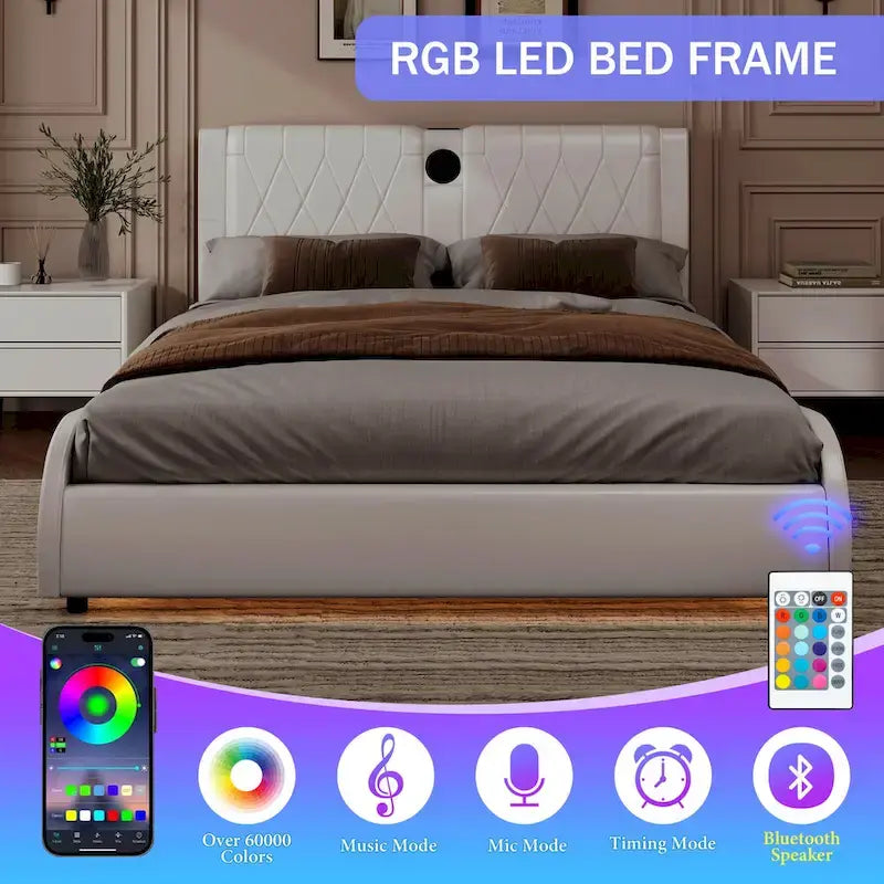 Cadre de lit King LED avec haut-parleurs Bluetooth et revêtement en cuir