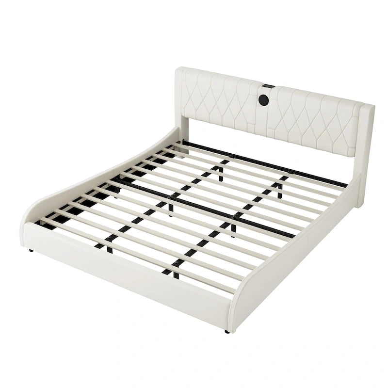 Cadre de lit King LED avec haut-parleurs Bluetooth et revêtement en cuir