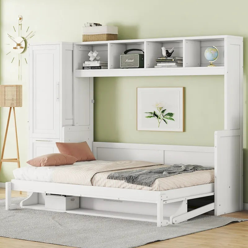 Lit escamotable intelligent double/queen avec armoire et rangement, système gain de place
