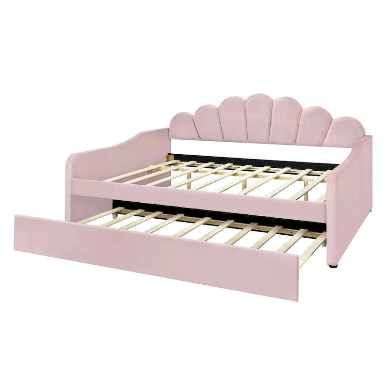 Canapé-lit double avec dossier en forme de coquillage et lit gigogne, en velours, pour salon.