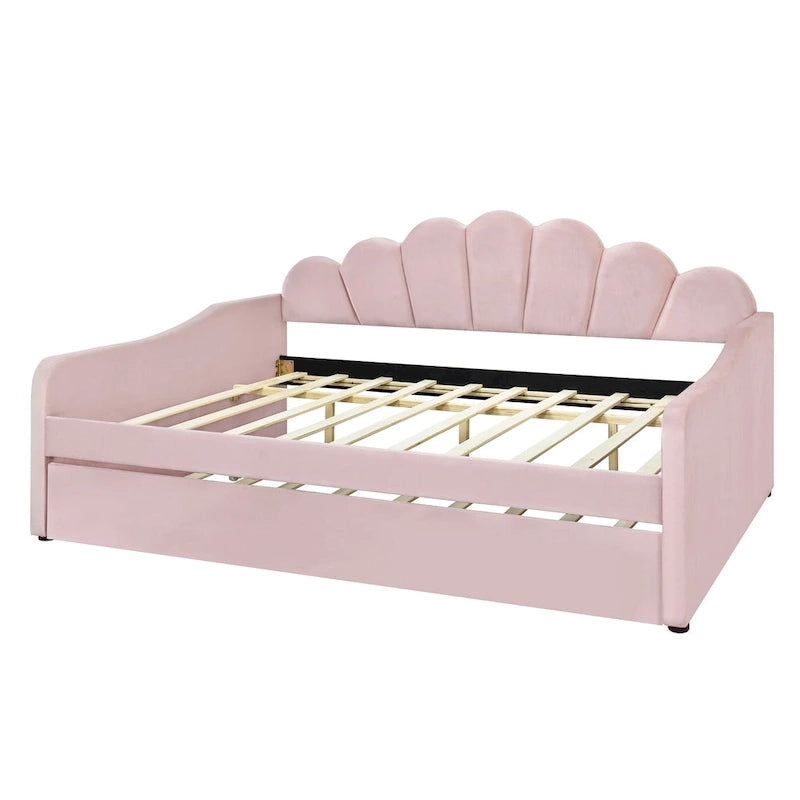 Canapé-lit double avec dossier en forme de coquillage et lit gigogne, en velours, pour salon.