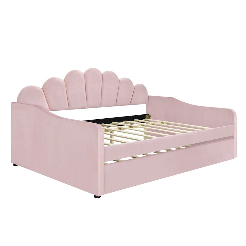 Canapé-lit double avec dossier en forme de coquillage et lit gigogne, en velours, pour salon.