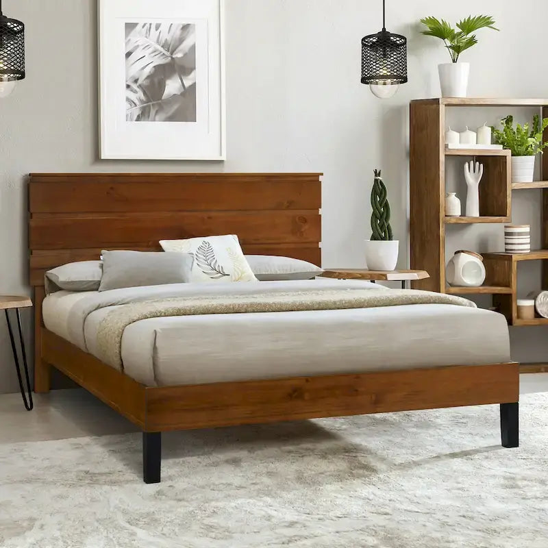 Cadre de lit plateforme en bois massif de style moderne du milieu du siècle, taille double, avec tête de lit en trois parties, sans sommier, marron