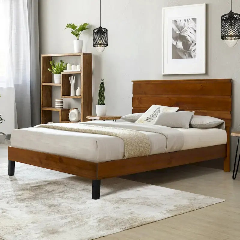 Cadre de lit plateforme en bois massif de style moderne du milieu du siècle, taille double, avec tête de lit en trois parties, sans sommier, marron