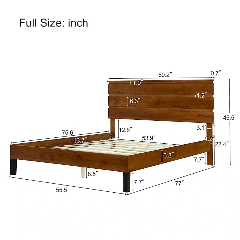 Cadre de lit plateforme en bois massif de style moderne du milieu du siècle, taille double, avec tête de lit en trois parties, sans sommier, marron