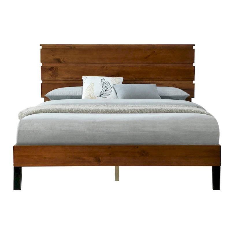 Cadre de lit plateforme en bois massif de style moderne du milieu du siècle, taille double, avec tête de lit en trois parties, sans sommier, marron