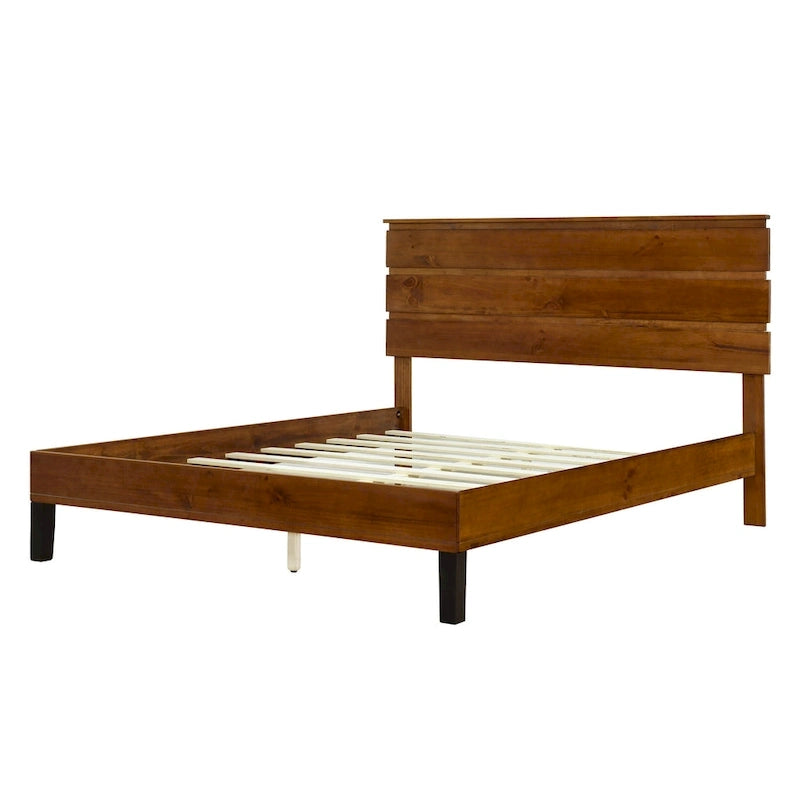 Cadre de lit plateforme en bois massif de style moderne du milieu du siècle, taille double, avec tête de lit en trois parties, sans sommier, marron