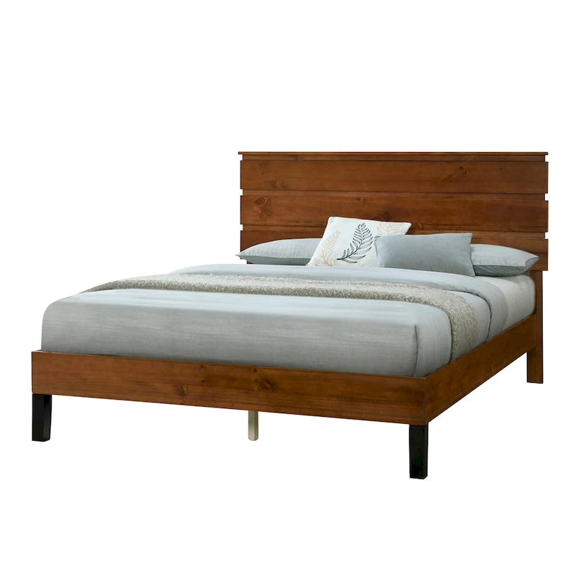 Cadre de lit plateforme en bois massif de style moderne du milieu du siècle, taille double, avec tête de lit en trois parties, sans sommier, marron