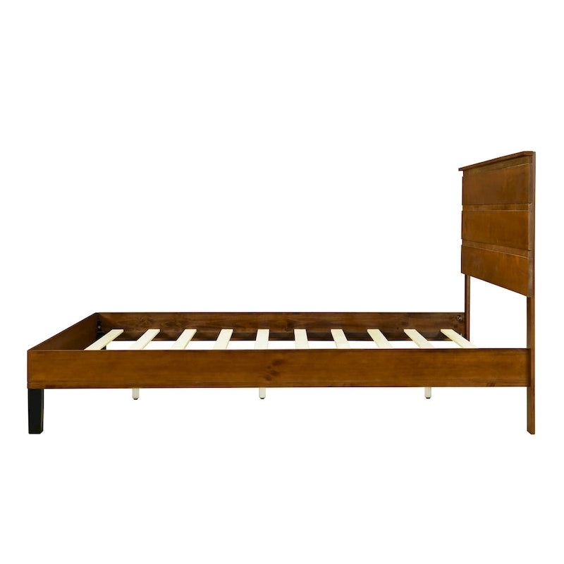 Cadre de lit plateforme en bois massif de style moderne du milieu du siècle, taille double, avec tête de lit en trois parties, sans sommier, marron
