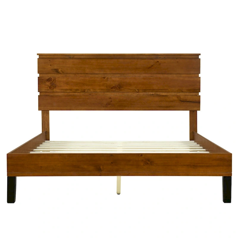 Cadre de lit plateforme en bois massif de style moderne du milieu du siècle, taille double, avec tête de lit en trois parties, sans sommier, marron