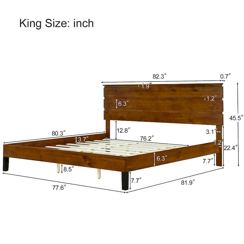 Cadre de lit plateforme en bois massif de style moderne du milieu du siècle, taille double, avec tête de lit en trois parties, sans sommier, marron