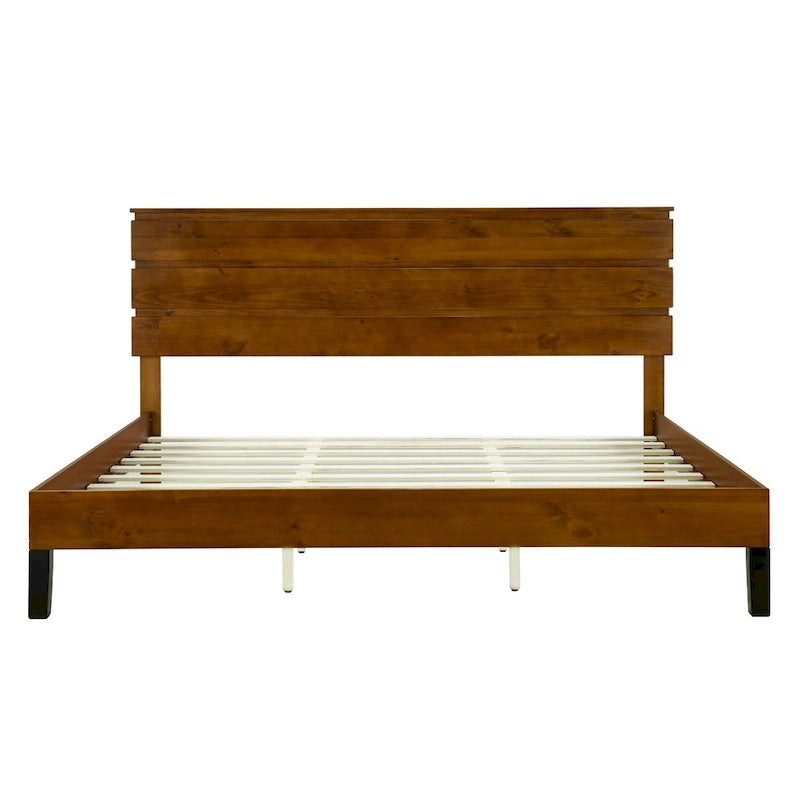 Cadre de lit plateforme en bois massif de style moderne du milieu du siècle, taille double, avec tête de lit en trois parties, sans sommier, marron
