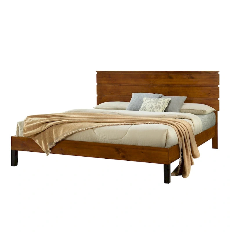 Cadre de lit plateforme en bois massif de style moderne du milieu du siècle, taille double, avec tête de lit en trois parties, sans sommier, marron