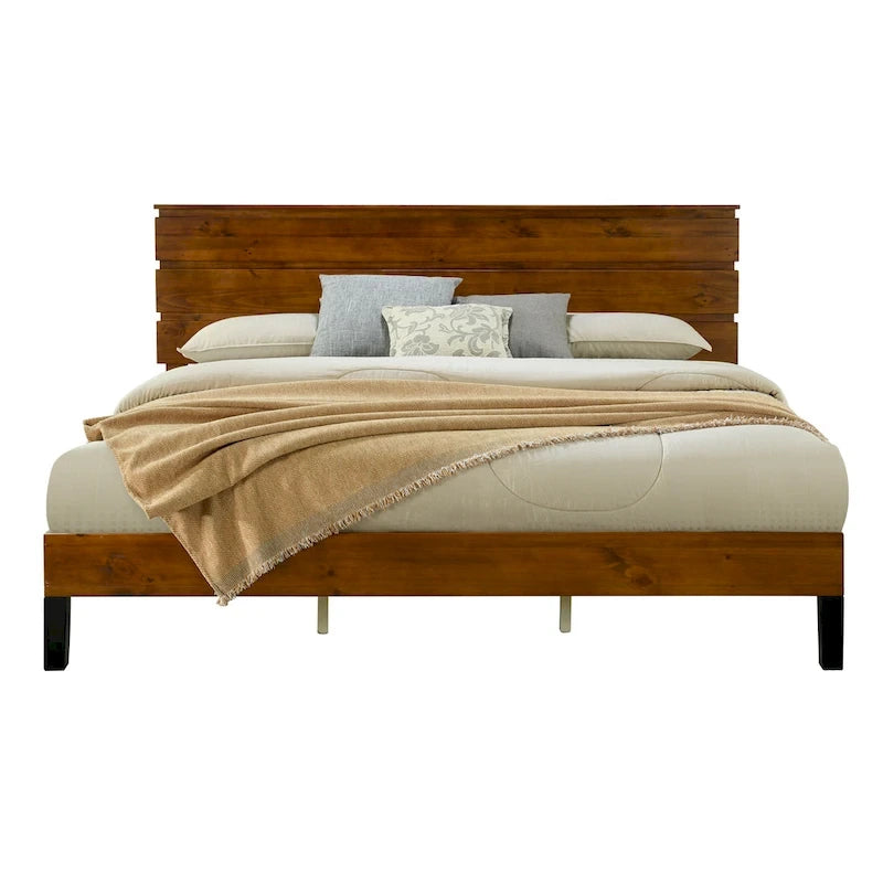 Cadre de lit plateforme en bois massif de style moderne du milieu du siècle, taille double, avec tête de lit en trois parties, sans sommier, marron