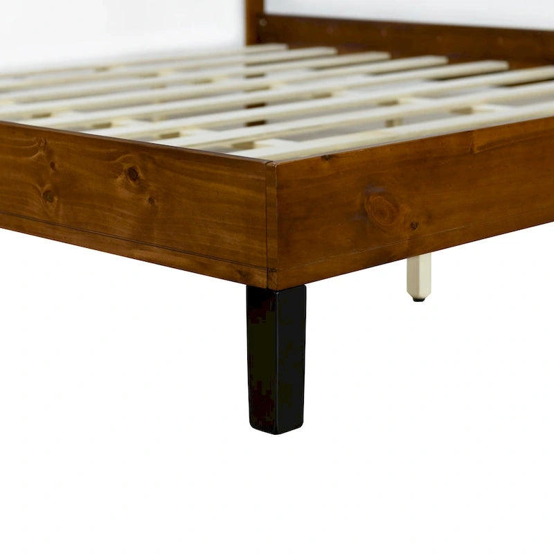 Cadre de lit plateforme en bois massif de style moderne du milieu du siècle, taille double, avec tête de lit en trois parties, sans sommier, marron