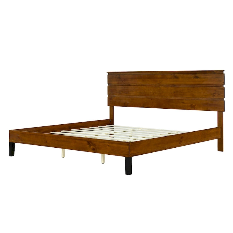 Cadre de lit plateforme en bois massif de style moderne du milieu du siècle, taille double, avec tête de lit en trois parties, sans sommier, marron