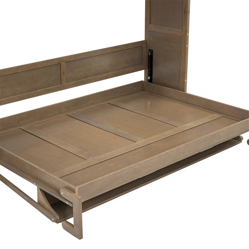 Lit escamotable double avec armoire, tiroirs et étagères ouvertes, bois antique