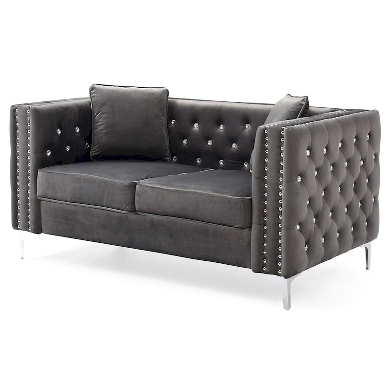 Canapé 2 places en velours avec garniture cloutée capitonnée et coussins décoratifs - 63 - Gris