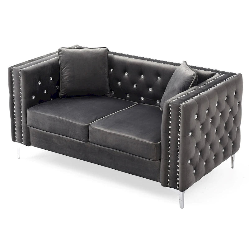 Canapé 2 places en velours avec garniture cloutée capitonnée et coussins décoratifs - 63 - Gris