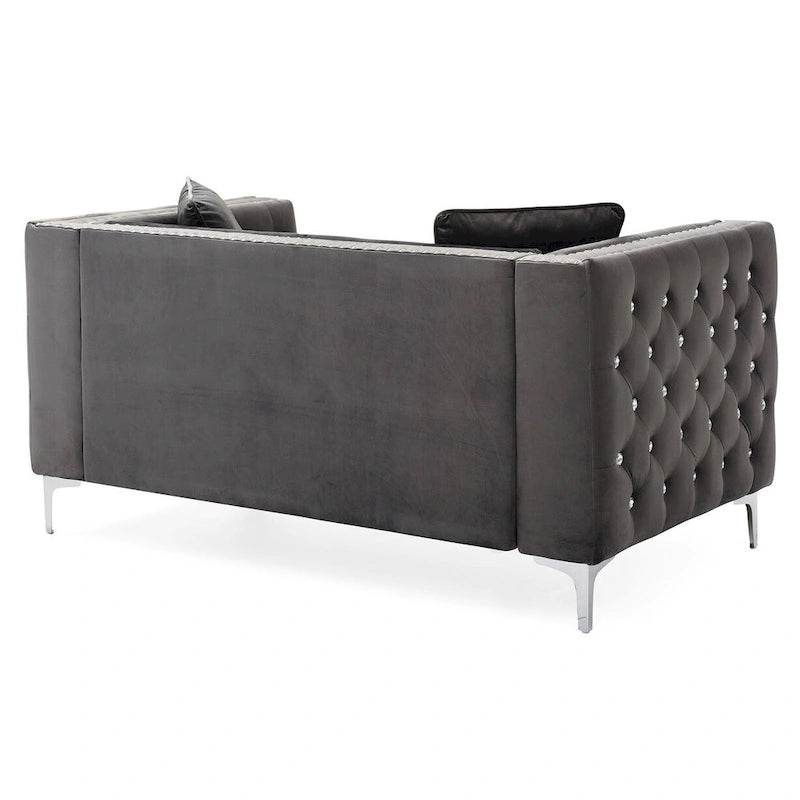 Canapé 2 places en velours avec garniture cloutée capitonnée et coussins décoratifs - 63 - Gris