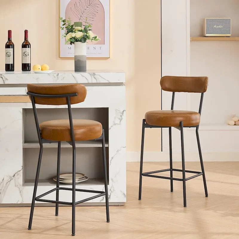 Ensemble de 2 tabourets de bar modernes en cuir avec dossier, pédales et pieds en métal (27 pouces).