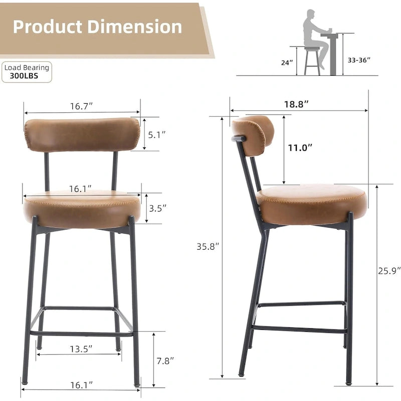 Ensemble de 2 tabourets de bar modernes en cuir avec dossier, pédales et pieds en métal (27 pouces).