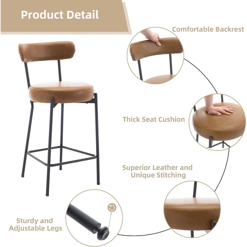 Ensemble de 2 tabourets de bar modernes en cuir avec dossier, pédales et pieds en métal (27 pouces).