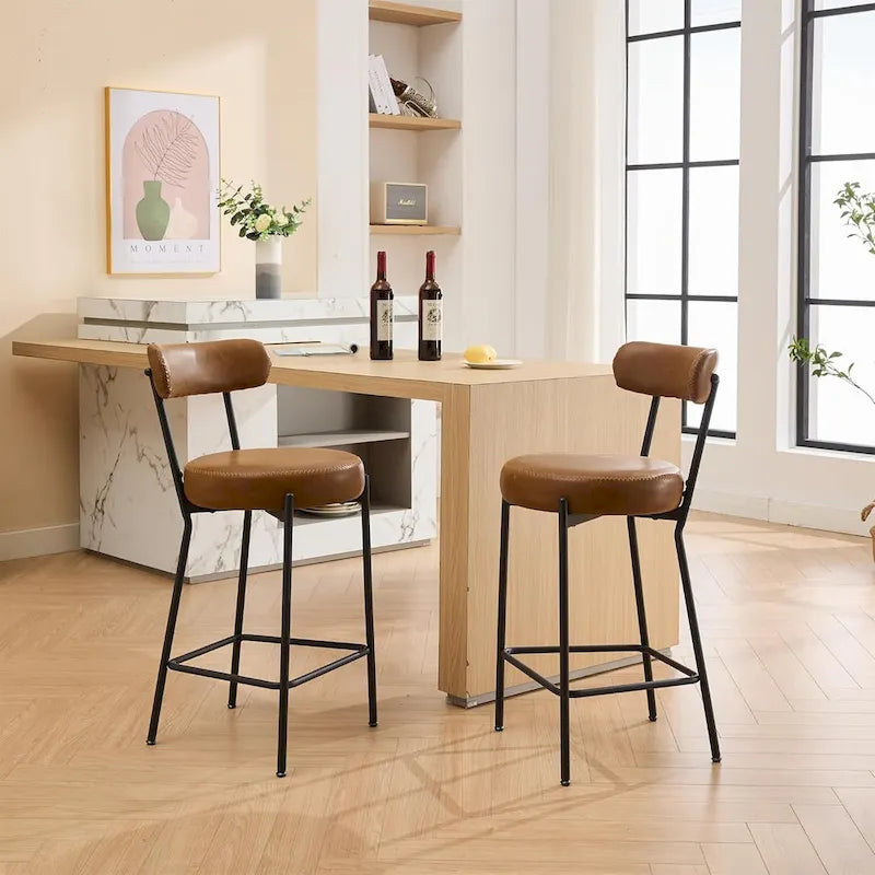 Ensemble de 2 tabourets de bar modernes en cuir avec dossier, pédales et pieds en métal (27 pouces).