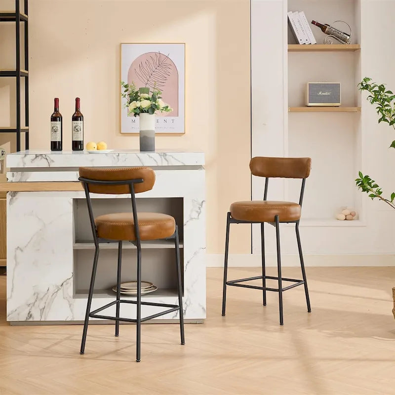 Ensemble de 2 tabourets de bar modernes en cuir avec dossier, pédales et pieds en métal (27 pouces).