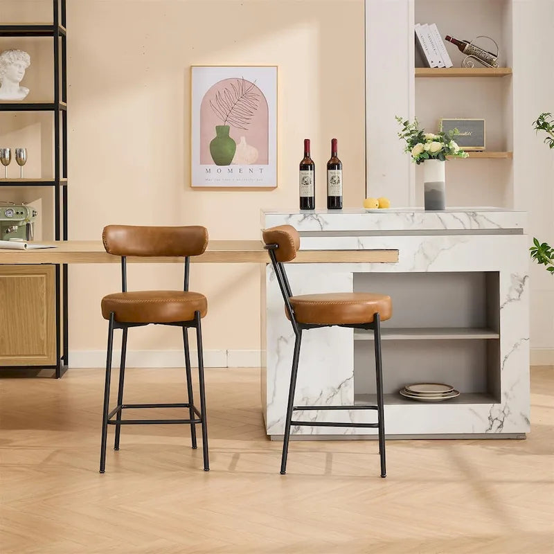 Ensemble de 2 tabourets de bar modernes en cuir avec dossier, pédales et pieds en métal (27 pouces).