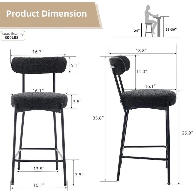 Ensemble de 2 tabourets de bar modernes en cuir avec dossier, pédales et pieds en métal (27 pouces).