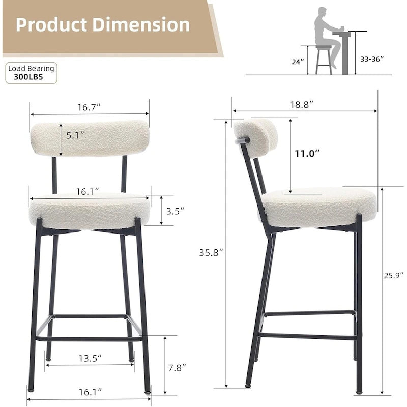 Ensemble de 2 tabourets de bar modernes en cuir avec dossier, pédales et pieds en métal (27 pouces).