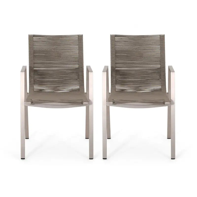 Ensemble moderne de 2 chaises de salle à manger d'extérieur avec assises en corde tressée et structure en aluminium, idéal pour la salle à manger, le salon, le balcon ou la terrasse.