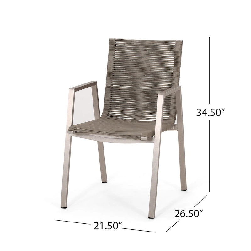 Ensemble moderne de 2 chaises de salle à manger d'extérieur avec assises en corde tressée et structure en aluminium, idéal pour la salle à manger, le salon, le balcon ou la terrasse.
