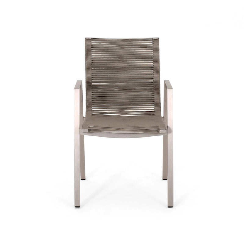 Ensemble moderne de 2 chaises de salle à manger d'extérieur avec assises en corde tressée et structure en aluminium, idéal pour la salle à manger, le salon, le balcon ou la terrasse.
