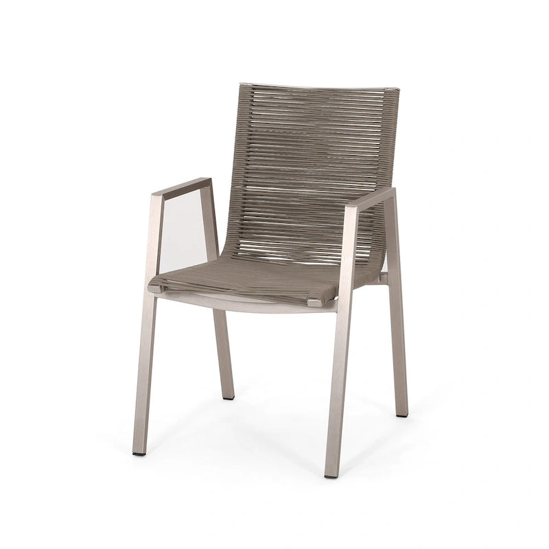 Ensemble moderne de 2 chaises de salle à manger d'extérieur avec assises en corde tressée et structure en aluminium, idéal pour la salle à manger, le salon, le balcon ou la terrasse.
