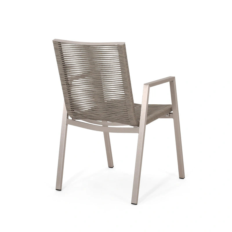 Ensemble moderne de 2 chaises de salle à manger d'extérieur avec assises en corde tressée et structure en aluminium, idéal pour la salle à manger, le salon, le balcon ou la terrasse.