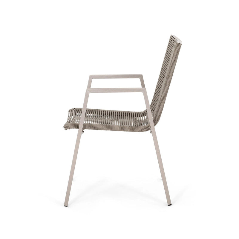 Ensemble moderne de 2 chaises de salle à manger d'extérieur avec assises en corde tressée et structure en aluminium, idéal pour la salle à manger, le salon, le balcon ou la terrasse.