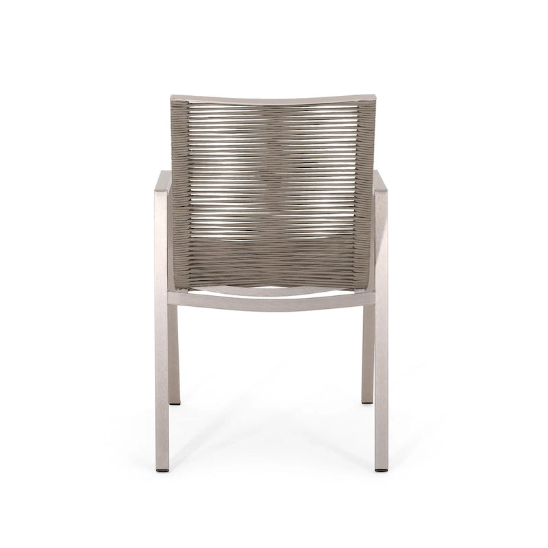 Ensemble moderne de 2 chaises de salle à manger d'extérieur avec assises en corde tressée et structure en aluminium, idéal pour la salle à manger, le salon, le balcon ou la terrasse.