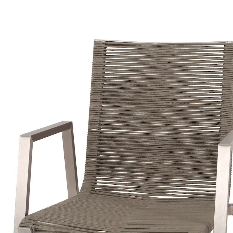 Ensemble moderne de 2 chaises de salle à manger d'extérieur avec assises en corde tressée et structure en aluminium, idéal pour la salle à manger, le salon, le balcon ou la terrasse.