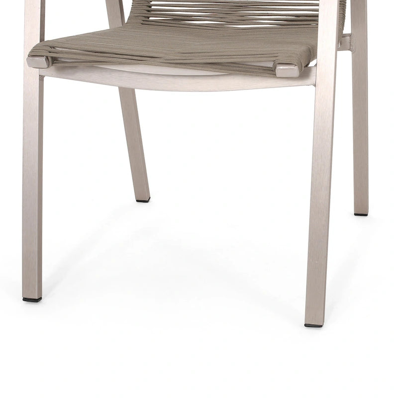 Ensemble moderne de 2 chaises de salle à manger d'extérieur avec assises en corde tressée et structure en aluminium, idéal pour la salle à manger, le salon, le balcon ou la terrasse.