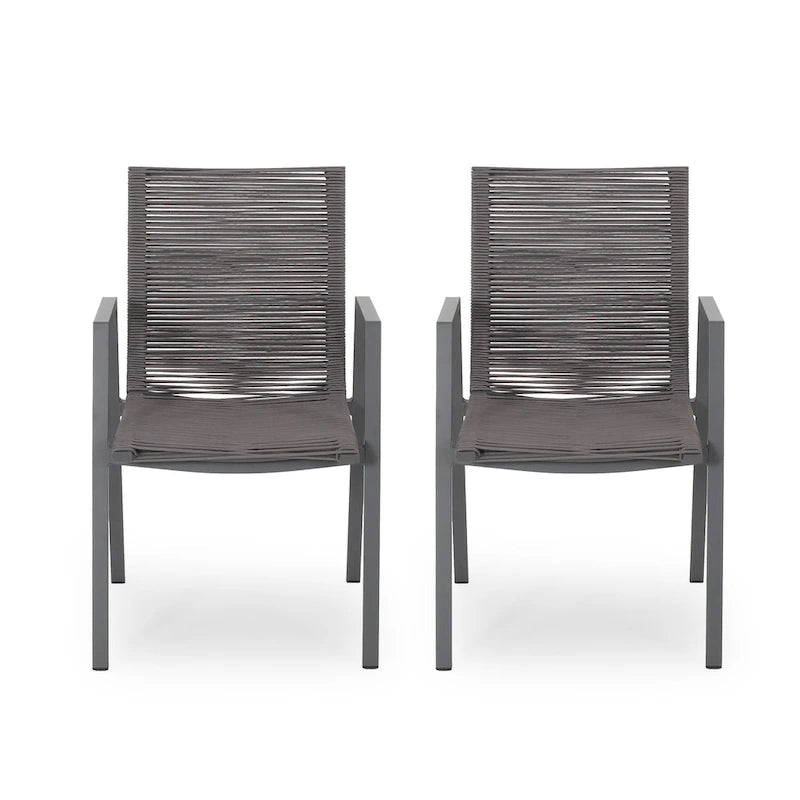 Ensemble moderne de 2 chaises de salle à manger d'extérieur avec assises en corde tressée et structure en aluminium, idéal pour la salle à manger, le salon, le balcon ou la terrasse.