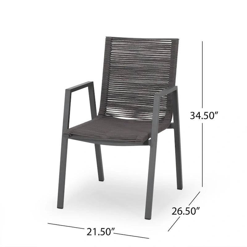 Ensemble moderne de 2 chaises de salle à manger d'extérieur avec assises en corde tressée et structure en aluminium, idéal pour la salle à manger, le salon, le balcon ou la terrasse.
